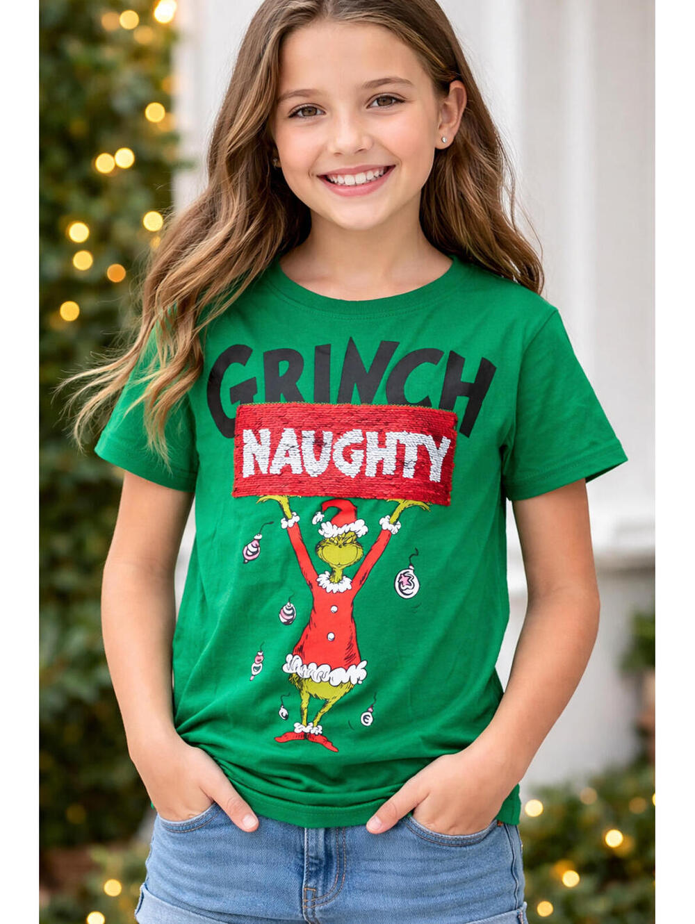 The Grinch Naughty/Nice Reversible Sequins T-Shirt Christmas Green Girls Small